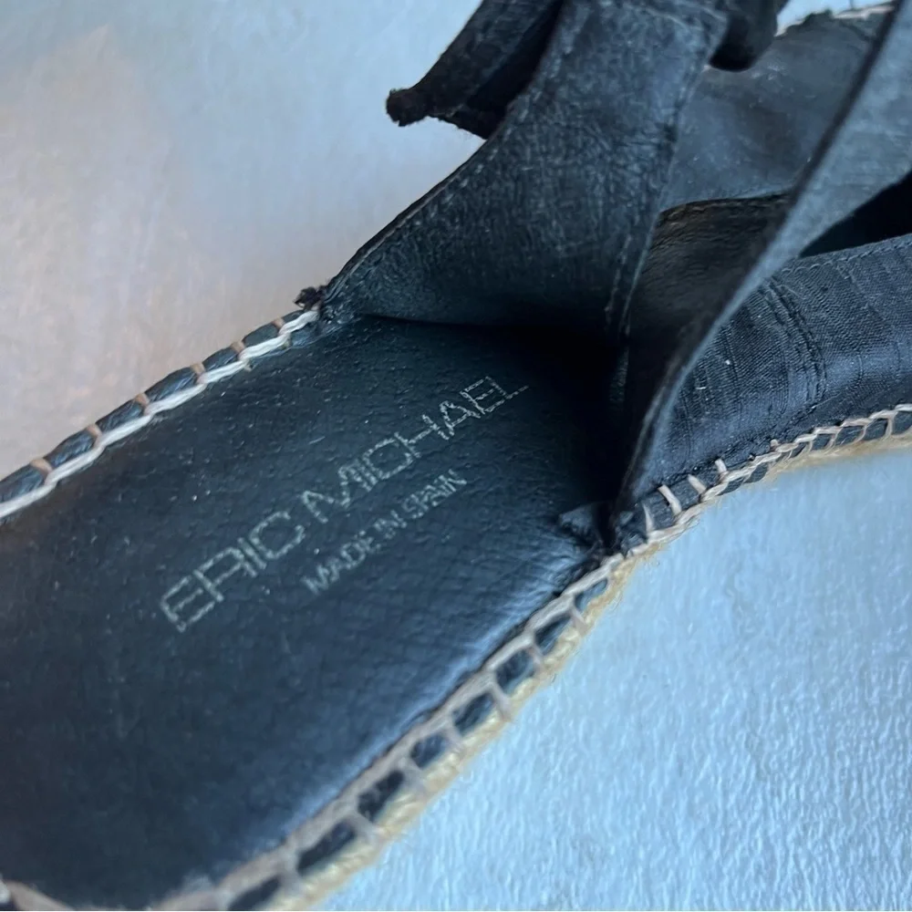 ** ERIC MICHAEL black Suede Espadrille Wedge Sandals 37 tie back